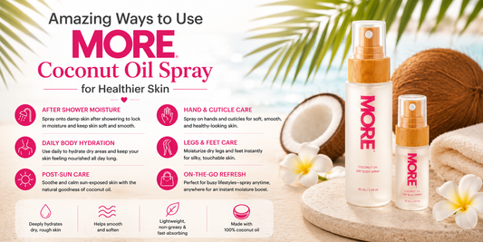 MORE Coconut Oil Spray with fresh coconuts for healthier skin, daily hydration, and natural moisturizing benefits
