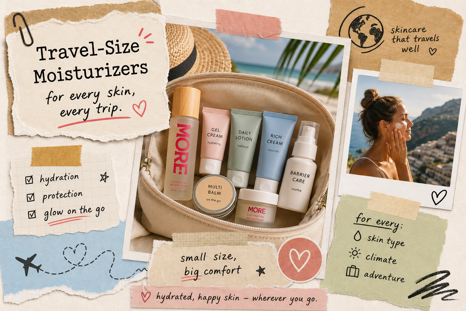 Travel-size MORE Coconut Oil Dry Body Spray bottles with travel essentials