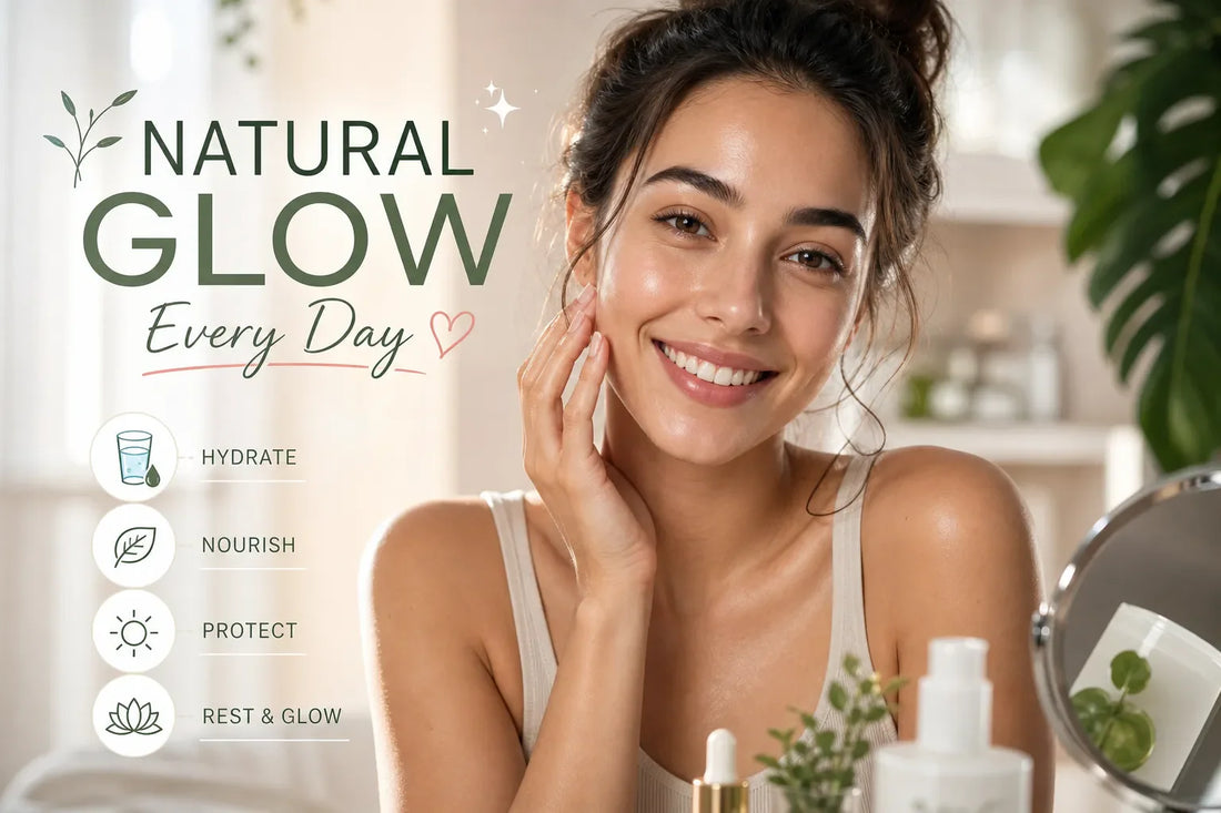 Daily skincare routine featuring a coconut dry oil spray and natural skincare essentials for achieving a healthy, radiant glow without makeup.
